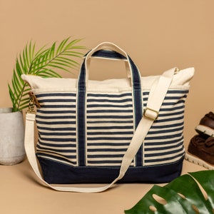 Tag&Crew Boat Weekender Striped Duffel, Heavy Canvas Overnight Bag with Detachable Shoulder Strap