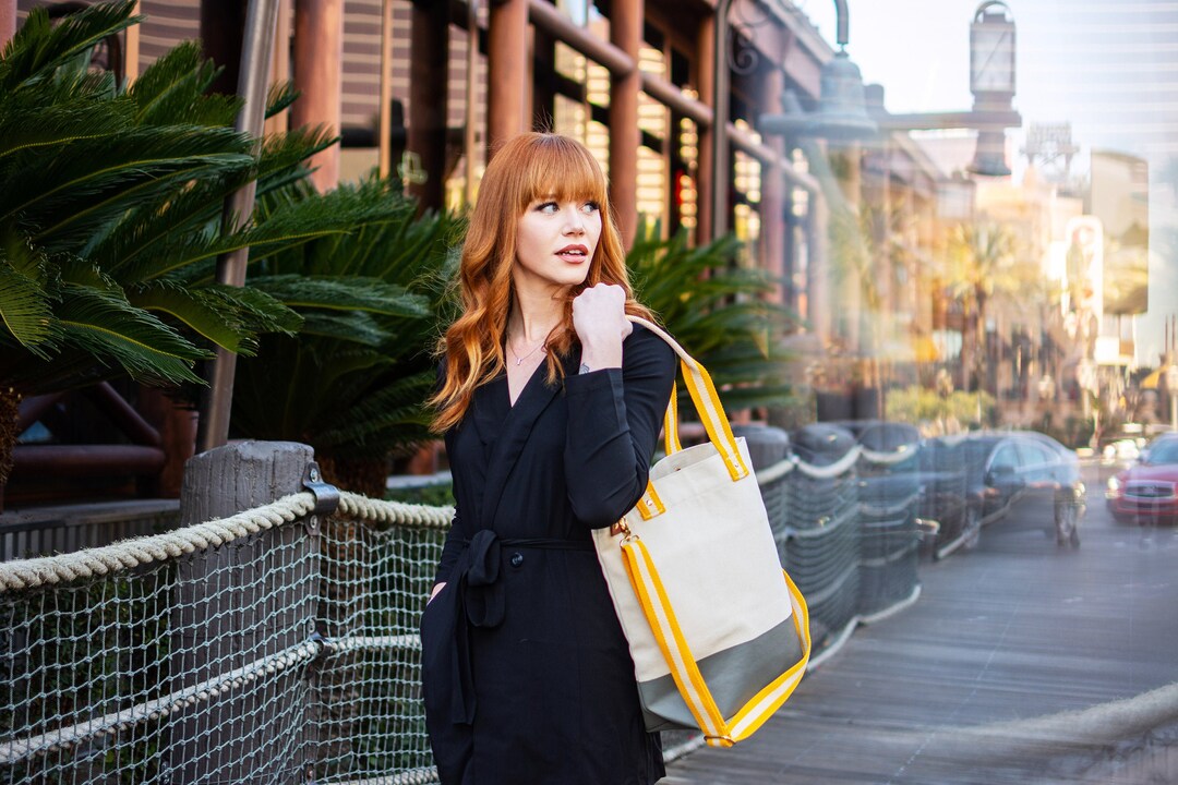 Tag&Crew Jute Lola Tote Bag - Striped Print Canvas Handbag With Leather Handles, Large Everyday Shoulder Bag - View #2