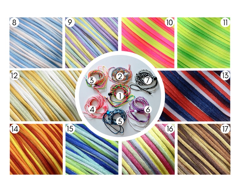 May include: A collection of colorful braided cord bracelets and samples of braided cord. The bracelets are in various colors, including pink, blue, green, and purple. The cord samples are in a variety of colors and patterns, including stripes and gradients.