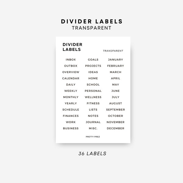 Tab Divider Labels | 36 Labels | Matte Transparent Stickers | Minimal Text Stickers | Planner Stickers