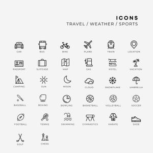 Pu&ograve; includere: Una collezione di icone a linee nere disposte in una griglia, etichettate ICONS TRAVEL / WEATHER / SPORTS. Il set include simboli per auto, autobus, bici, aereo, treno, posizione, passaporto, valigia, mappa, benzina, hotel, vacanza, campeggio, sole, luna, nuvola, fiocco di neve, ombrello, baseball, boxe, bowling, basket, pallavolo, calcio, tennis, nuoto, ginnastica, karate, scarpa, golf e scacchi.