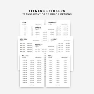May include: White fitness stickers with text including "Gym", "Cardio", "Arm Day", "Rest Day", "Pilates", "Workout", "Leg Day", and "Yoga". The stickers are labeled "Transparent or 20 Color Options".