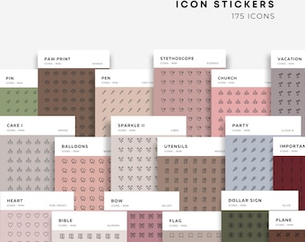 Könnte beinhalten: Eine Sammlung digitaler Icon-Sticker mit 175 individuellen Designs, die nach Kategorien geordnet sind. Jeder Bogen zeigt wiederkehrende Muster von Symbolen, darunter Pfotenabdrücke, Stifte, Stethoskope, Kirchen, Kuchen, Funken, Luftballons, Utensilien, Herzen, Schleifen, Dollarzeichen und Flugzeuge.