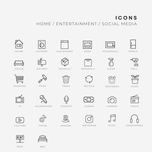Pu&ograve; includere: Una collezione di icone in linea nera disposte in una griglia, etichettate ICONS HOME / ENTERTAINMENT / SOCIAL MEDIA. Le icone raffigurano vari articoli per la casa, elettronica e loghi di social media, ciascuno con la relativa etichetta.