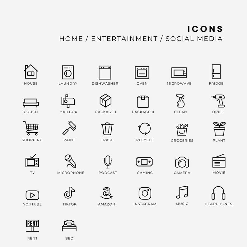 Pu&ograve; includere: Una collezione di icone in linea nera disposte in una griglia, etichettate ICONS HOME / ENTERTAINMENT / SOCIAL MEDIA. Le icone raffigurano vari articoli per la casa, elettronica e loghi di social media, ciascuno con la relativa etichetta.