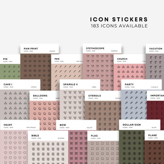 Icon Stickers | 183 Icons Available | Matte Transparent Stickers | Mini Icon Stickers | Micro Icon Stickers | Planner Stickers