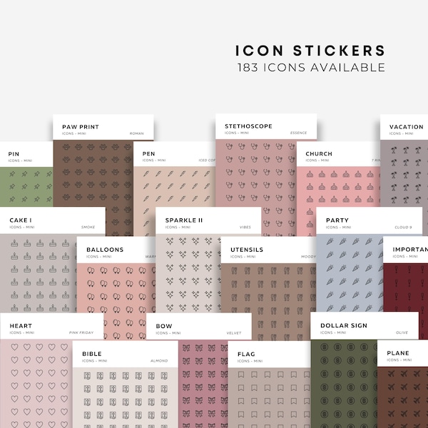 Icon Stickers | 183 Icons Available | Matte Transparent Stickers | Mini Icon Stickers | Micro Icon Stickers | Planner Stickers