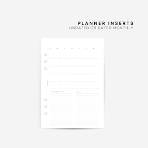 May include: White planner insert paper with black text reading PLANNER INSERTS UNDATED OR DATED MONTHLY. The page features a monthly calendar grid with days of the week, a section for important dates, and a section for bills, with six binder holes.