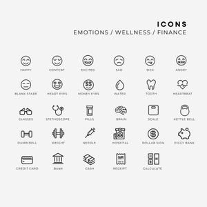 Pu&ograve; includere: Una collezione di icone in linea nera disposte in una griglia, etichettate ICONS EMOTIONS / WELLNESS / FINANCE. Le icone raffigurano vari volti, articoli sanitari come uno stetoscopio, pillole, un cervello e simboli finanziari come un salvadanaio.