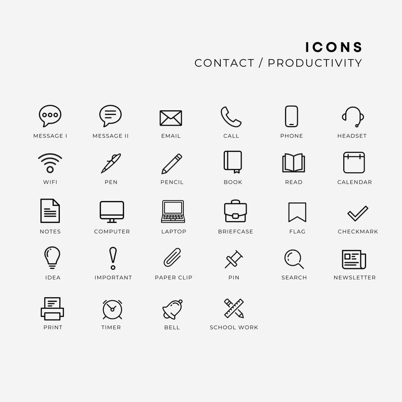 Pu&ograve; includere: Una raccolta di icone a linee nere etichettate ICONS CONTACT / PRODUCTIVITY. Il set include simboli per messaggi, e-mail, telefono, wifi, penna, matita, libro, calendario, note, computer, portatile, valigetta, bandiera, segno di spunta e altro.