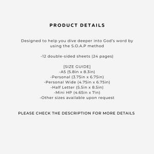 Peut inclure: Une fiche d'information produit avec du texte noir sur fond blanc. Elle indique 12 feuilles recto-verso, la m&eacute;thode S.O.A.P et un guide des tailles incluant A5 (14,7 cm x 21,1 cm), Personal (9,5 cm x 17,1 cm) et d'autres formats.