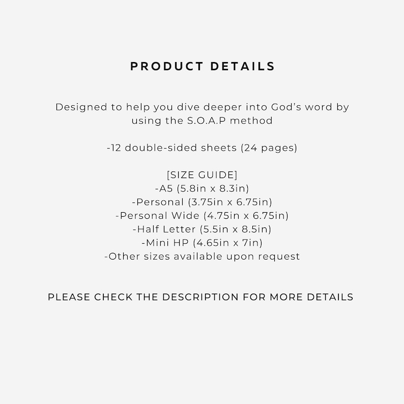 Peut inclure: Une fiche d'information produit avec du texte noir sur fond blanc. Elle indique 12 feuilles recto-verso, la m&eacute;thode S.O.A.P et un guide des tailles incluant A5 (14,7 cm x 21,1 cm), Personal (9,5 cm x 17,1 cm) et d'autres formats.