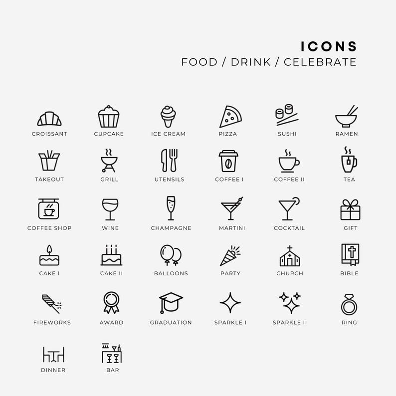 Pu&ograve; includere: Una collezione di icone in linea nera disposte in una griglia, etichettate ICONS FOOD / DRINK / CELEBRATE. Le icone raffigurano vari elementi tra cui un croissant, cupcake, gelato, pizza, sushi, ramen, asporto, grill, utensili, caff&egrave;, t&egrave;, vino, champagne, martini, cocktail, regalo, torta, palloncini, festa, chiesa, bibbia, fuochi d'artificio, premio, laurea, scintille, anello, cena e bar.