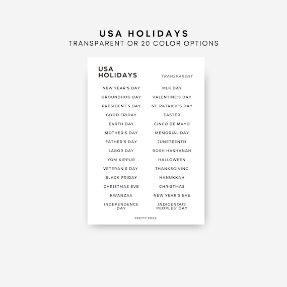 USA Holidays Stickers | Transparent | Functional Planner Stickers | Minimal Planner