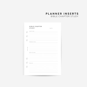 May include: A white planner insert page titled BIBLE CHAPTER STUDY with sections for SCRIPTURE, OBSERVATION, APPLICATION, and PRAYER. The page features horizontal lines for writing and five circular punch holes along the left margin.