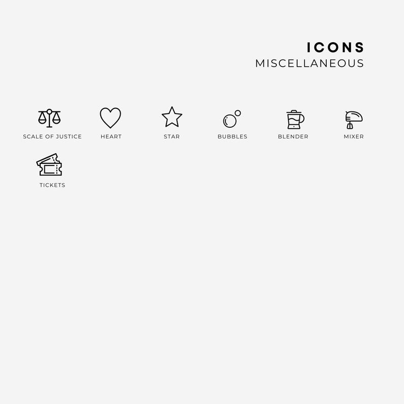 Pu&ograve; includere: Una collezione di icone in linea nera etichettate ICONS MISCELLANEOUS, che include una bilancia della giustizia, cuore, stella, bolle, frullatore, mixer e biglietti. Ogni icona &egrave; abbinata alla sua etichetta di testo corrispondente in un layout pulito.