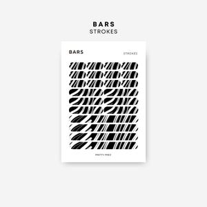 May include: A white rectangular card featuring the text BARS STROKES at the top. The center displays a grid of black horizontal bars with white diagonal line patterns. The text BARS appears in the top left, STROKES in the top right, and PRETTY PREZ at the bottom.