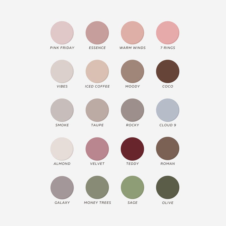 Pu&ograve; includere: Una tavolozza di colori con venti campioni circolari disposti in una griglia. Ogni cerchio mostra una tonalit&agrave; unica, inclusi rosa, marroni, grigi, verdi e blu, con etichette di testo corrispondenti come Pink Friday, Essence e Olive.