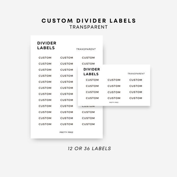 Custom Tab Divider Labels | 12 or 36 Labels | Matte Transparent Stickers | Minimal Text Stickers | Planner Stickers