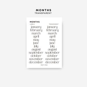 May include: A white rectangular sheet featuring two columns of black text listing the months from January to December. The top text reads MONTHS TRANSPARENT, while the columns are labeled LABELS and TRANSPARENT. The bottom text reads PRETTY PREZ.