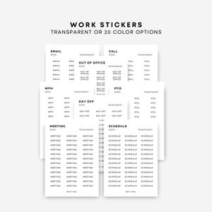 May include: White work stickers with text labels for scheduling, including "Email," "Call," "Meeting," and "Schedule." The stickers are available in transparent or 20 color options. The text is in a clean, sans-serif font.