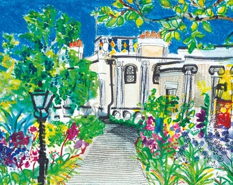 Manor house garden illustration | "John Soane's garden" | Limited edition fine art giclee print A4 & A3