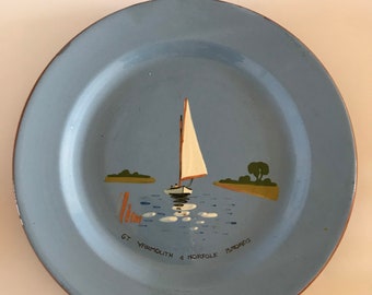 Vintage Dartmouth Pottery Blue Glaze Plate with Sailing Boat Scene
