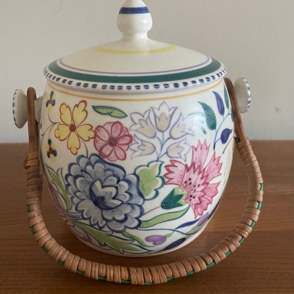 Vintage Poole pottery Traditional Ware biscuit barrel with wicker handle