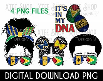 Può includere: Download digitale di quattro file PNG con silhouette di persone con i capelli raccolti in chignon e un uomo con i capelli corti. Ogni silhouette indossa occhiali da sole con le bandiere di Barbados e Guyana. Il testo "It's in my DNA" è visualizzato sopra le silhouette.