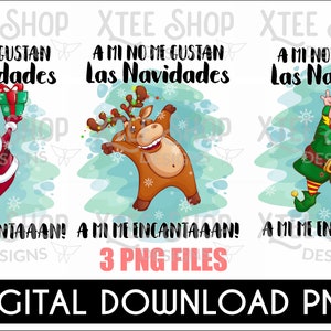 Peut inclure: Trois illustrations numériques représentant un Père Noël, un renne et un lutin. Chaque illustration a un fond bleu et blanc avec des flocons de neige et le texte "A mi no me gustan las Navidades" et "A mi me encantaaaan!" en espagnol.