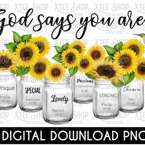 Pode incluir: Download digital de uma imagem imprimível com o texto "Deus diz que você é..." em letras pretas. A imagem apresenta seis frascos de vidro com detalhes de girassol e citações inspiradoras da Bíblia. Cada frasco tem uma citação diferente, incluindo "Único", "Especial", "Adorável", "Precioso", "Forte" e "Escolhido".