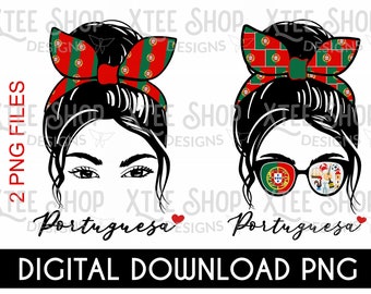 Pacchetto di 2 file digitali PNG con ragazza portoghese con bandiera, bandana e chignon spettinato, bandiera del Portogallo, PNG portoghese per stampa e ritaglio