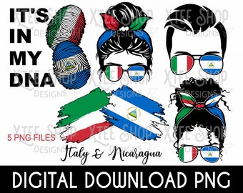 Italy and Nicaragua messy bun family PNG file set, Nicaragua flag PNG, Italy flag PNG for sublimation printing and more