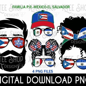 Portoryko, Salwador i Meksyk rodzina mix pliki cyfrowe PNG, Boricua tata png, Salwadorska mama, mieszane dzieci pliki PNG do drukowania