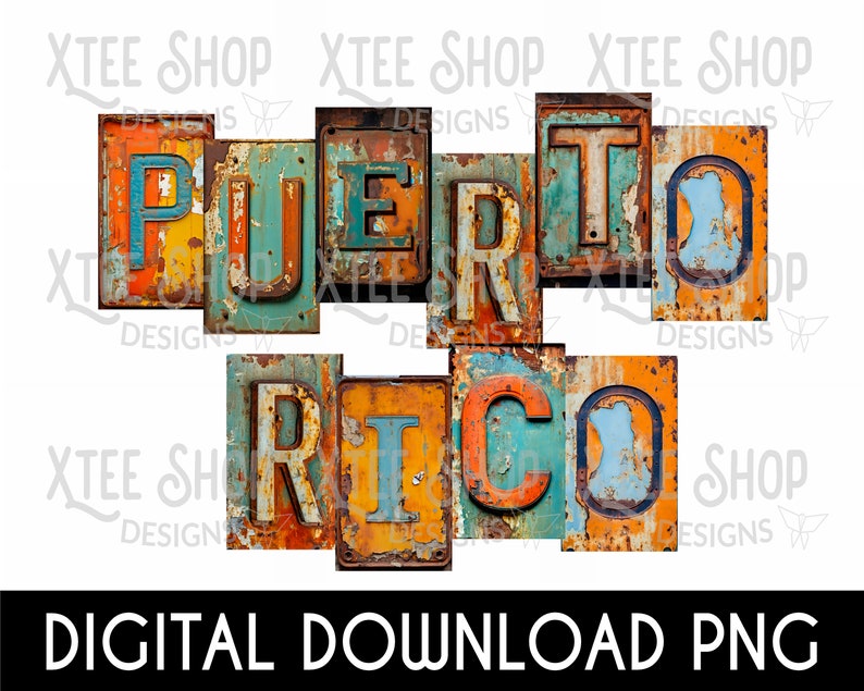 May include: Vintage style metal letters spelling out "PUERTO RICO" in a distressed, rusty, and colorful design. The letters are arranged in two rows, with "PUERTO" on top and "RICO" on the bottom. The letters are set against a white background.
