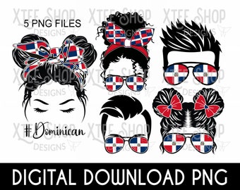 Dominican Republic Family PNG Bundle: Messy Bun Mom, Flag Design (Digital File)