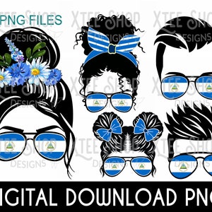 Nicaragua family PNG digital files for printing, messy bun mom Nicaragua flag PNG, familia nicaraguense files for print, sublimation designs
