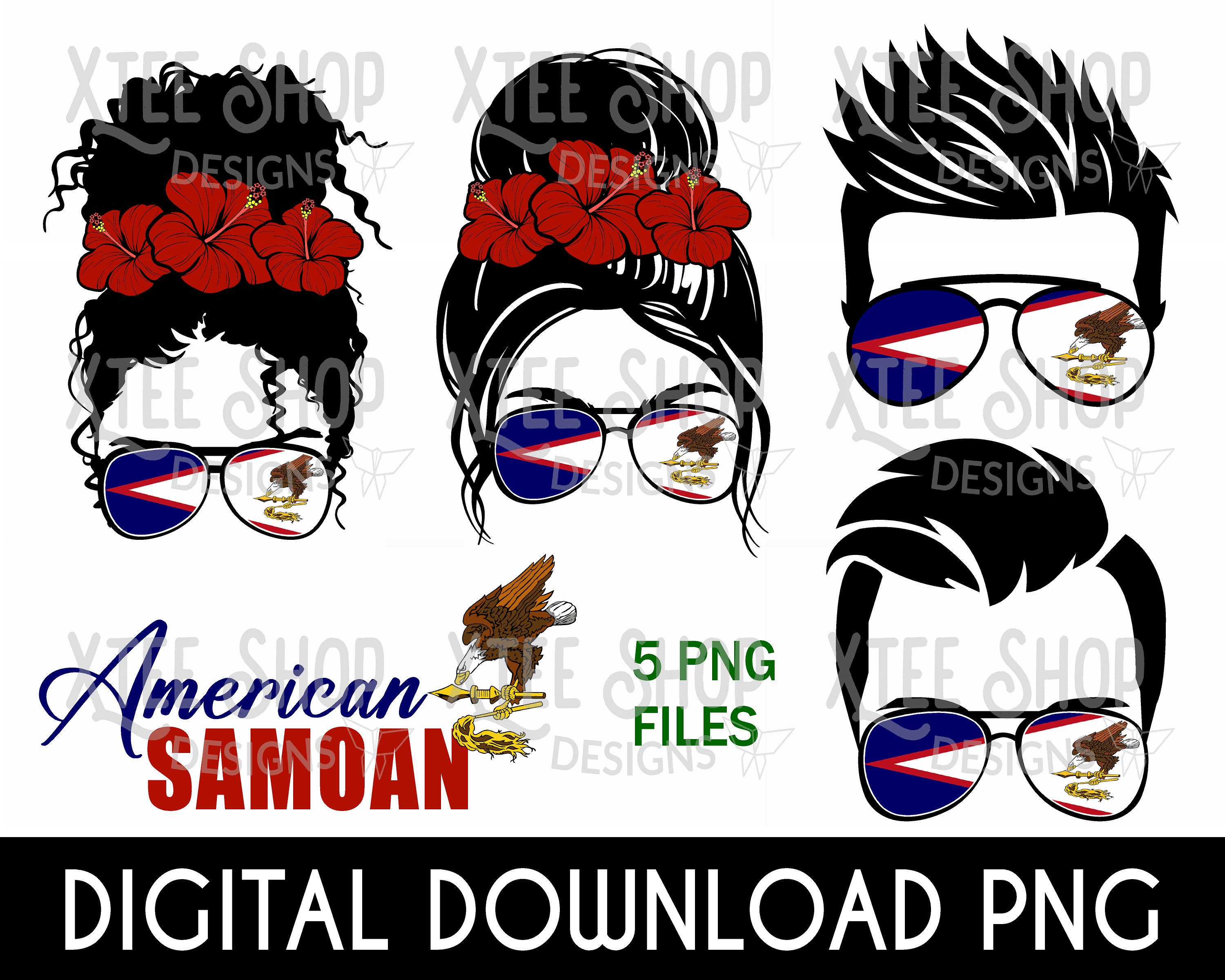Disegni PNG di samoani americani, file digitale PNG di ragazze con chignon spettinato, file di ragazze con fiori di ibisco samoani americani per la stampa, file PNG di uomini samoani americani