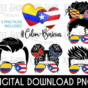 Colombia and Puerto Rico PNG digital file bundle, designs of flags from Colombia and Puerto Rico, colom-boricua family, bori-colombian flags