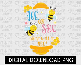 Baby gender reveal PNG design, instant download png, gender reveal design for baby shower, baby bees what will it be, boy or girl design