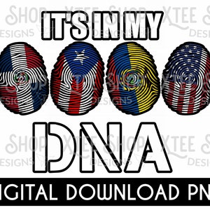 Puede incluir: Gráfico de "It's in my DNA" con cuatro diseños de huellas dactilares que representan las banderas de República Dominicana, Puerto Rico, Ecuador y Estados Unidos. El texto está en blanco y negro.