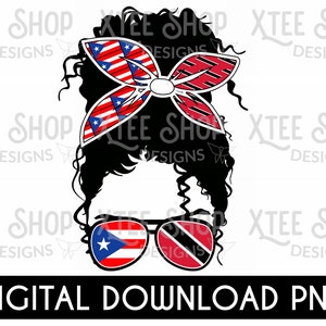 Boricua Trinidad and Tobago girl with flags messy bun PNG digital file, Puerto Rico flag PNG, Trinidad girl PNG, Puerto Rico and Trinidad