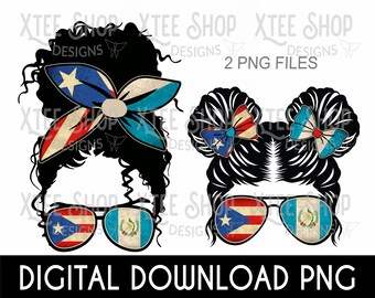 Boricua & Guatemala Mom Girl Vintage Flags PNG (Digital File)
