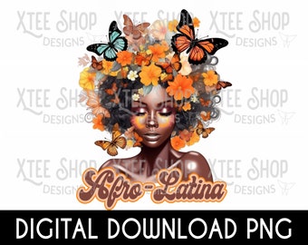 Afro latina beautiful dark skin PNG digital file, Digital file afro latina design, PNG digital file, butterfly hair girl design for printing