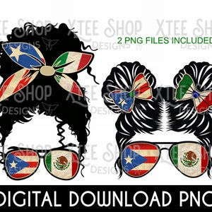 Boricua Mexicana Mamá y Niña PNG: Banderas Vintage Moño Despeinado (Archivo Digital)