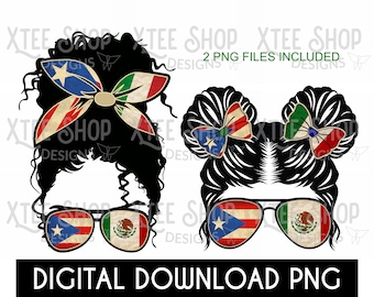 Mamma e bambina di Boricua Mexicana con chignon spettinato con bandiere d&#39;epoca, file digitale PNG, bandiera di Porto Rico PNG, ragazza del Messico PNG, Porto Rico e Messico PNG