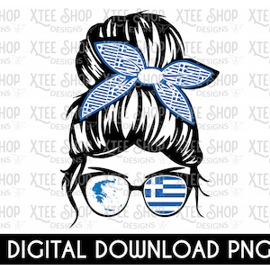 Griechisches Mädchen mit messy bun Bandana PNG digitale Datei, Griechenland Flagge PNG, Griechenland Karte Design PNG für Transfers, htv oder Sublimationsdruck
