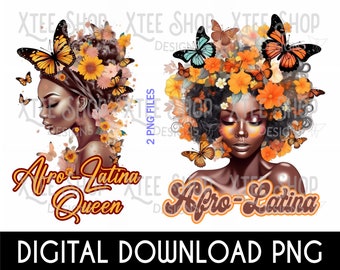 Könnte beinhalten: Digitaler Download von zwei Bildern, die eine Frau mit Afro-Haaren zeigen, die mit orangefarbenen und gelben Blumen und Schmetterlingen geschmückt sind. Der Text "Afro-Latina Queen" ist auf beiden Bildern zu sehen.