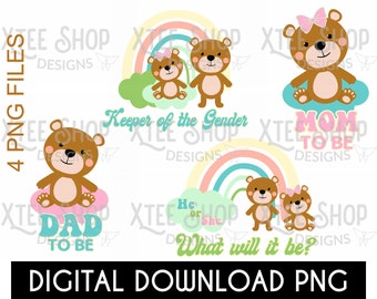 Baby gender reveal PNG design bundle, rainbow baby bear png designs, baby shower design, gender reveal baby bear in rainbow design for print