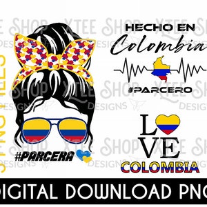 Batimentos cardíacos de Hecho en Colombia, garota parceira colombiana e combinação de arquivos digitais PNG Love Colombia para impressão, designs de bandeira e mapa da Colômbia